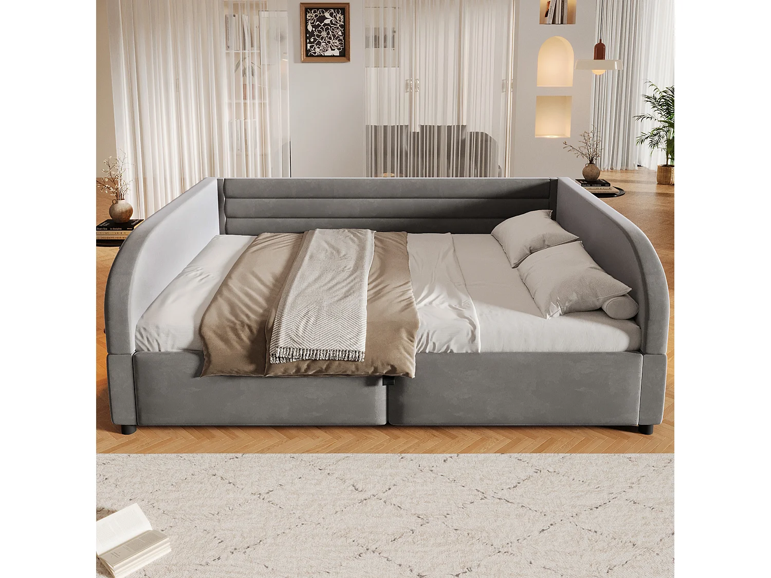 140 x 200 cm storage bed with hydraulic storage, RGB LED lighting and padded backrest - Flannel/MDF - Grey (Mattress not included)