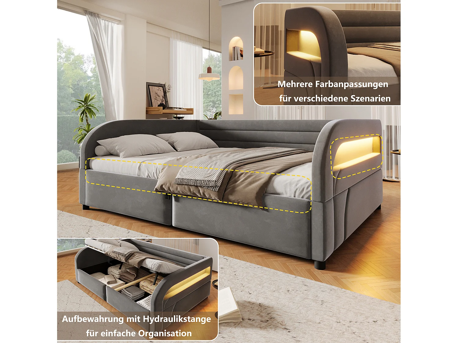 140 x 200 cm storage bed with hydraulic storage, RGB LED lighting and padded backrest - Flannel/MDF - Grey (Mattress not included)