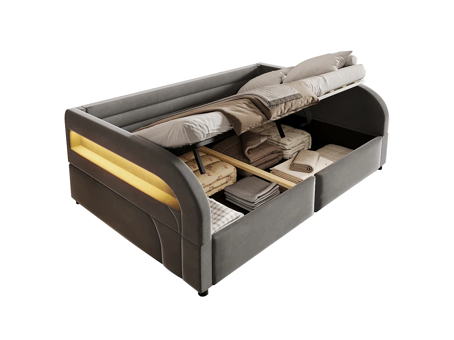 140 x 200 cm storage bed with hydraulic storage, RGB LED lighting and padded backrest - Flannel/MDF - Grey (Mattress not included)