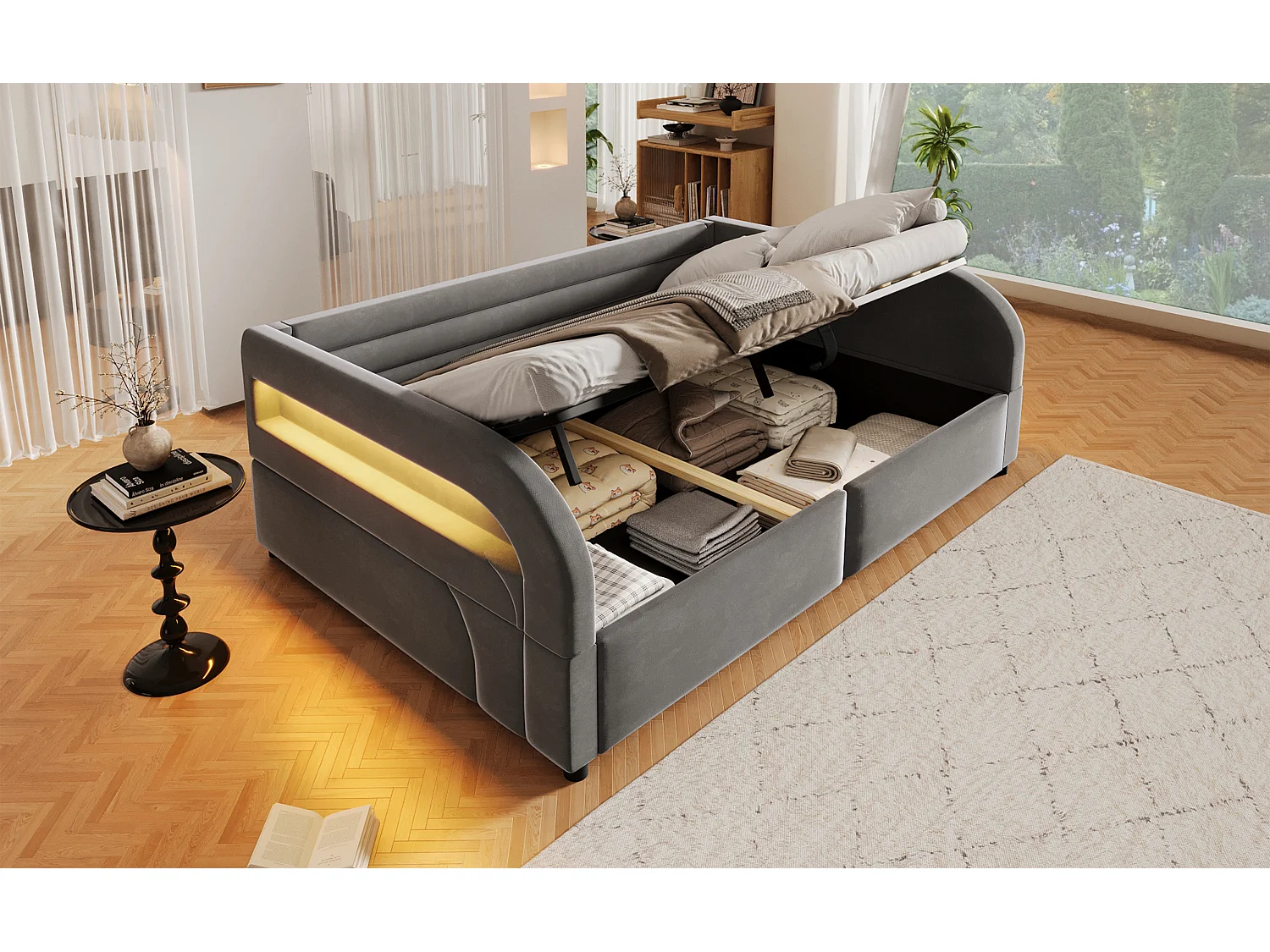 140 x 200 cm storage bed with hydraulic storage, RGB LED lighting and padded backrest - Flannel/MDF - Grey (Mattress not included)