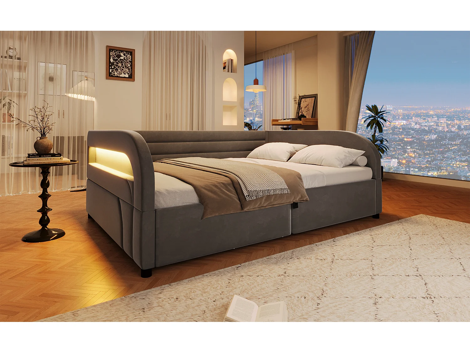 140 x 200 cm storage bed with hydraulic storage, RGB LED lighting and padded backrest - Flannel/MDF - Grey (Mattress not included)