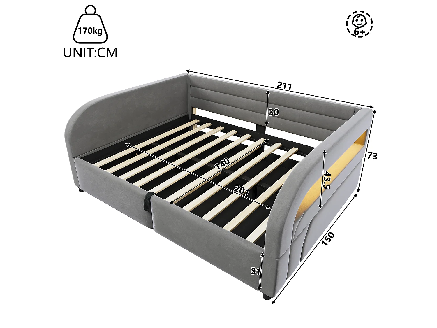 140 x 200 cm storage bed with hydraulic storage, RGB LED lighting and padded backrest - Flannel/MDF - Grey (Mattress not included)