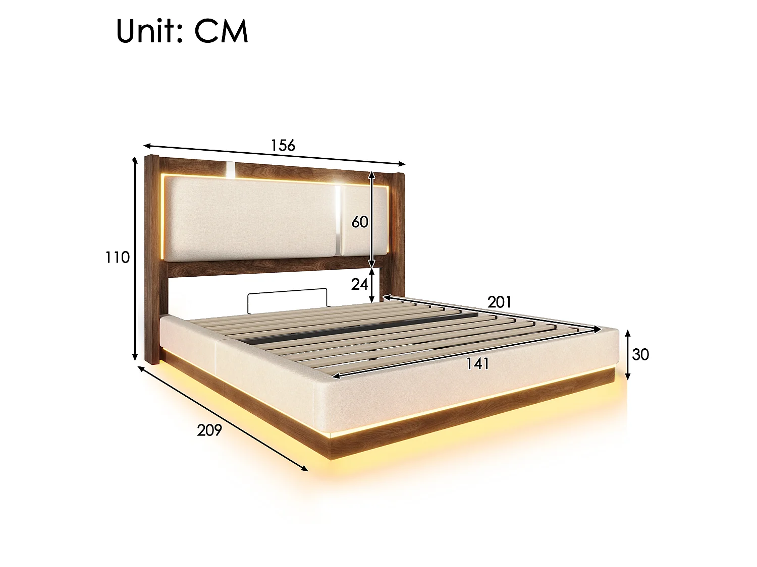 Lit coffre 140 x 200 cm avec LED RGB, rangement hydraulique, tête de lit capitonnée en lin et sommier à lattes - Beige (Sans matelas)