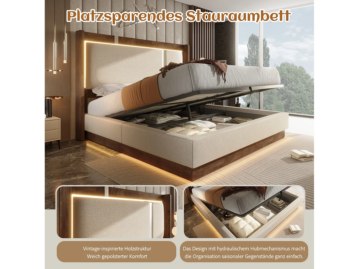 Lit coffre 140 x 200 cm avec LED RGB, rangement hydraulique, tête de lit capitonnée en lin et sommier à lattes - Beige (Sans matelas)