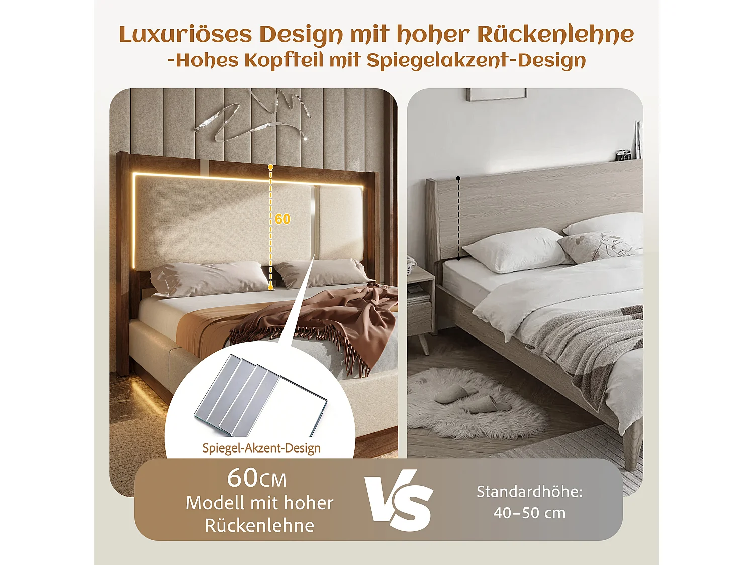 Lit coffre 140 x 200 cm avec LED RGB, rangement hydraulique, tête de lit capitonnée en lin et sommier à lattes - Beige (Sans matelas)