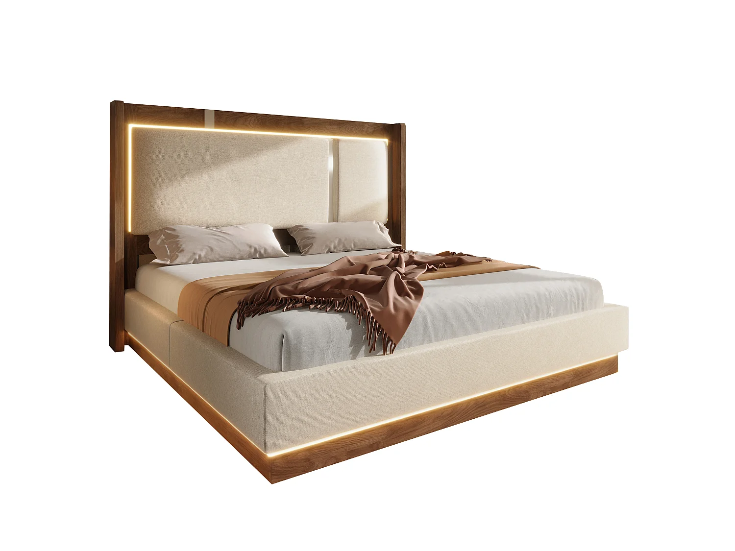 Lit coffre 140 x 200 cm avec LED RGB, rangement hydraulique, tête de lit capitonnée en lin et sommier à lattes - Beige (Sans matelas)