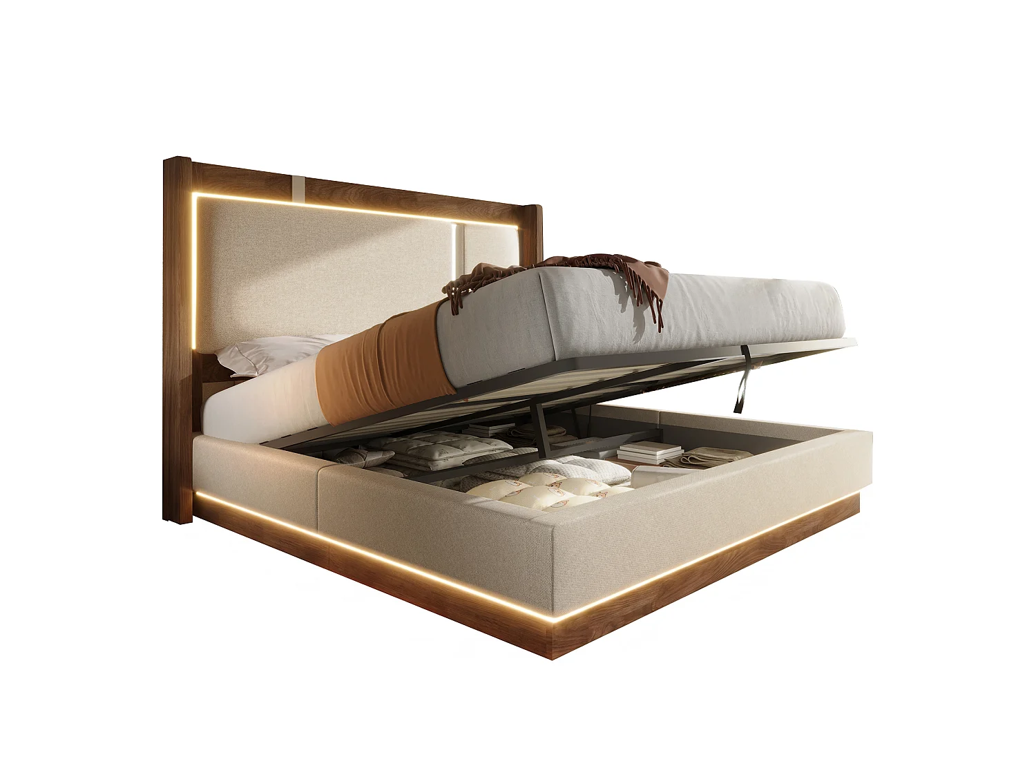 Lit coffre 140 x 200 cm avec LED RGB, rangement hydraulique, tête de lit capitonnée en lin et sommier à lattes - Beige (Sans matelas)