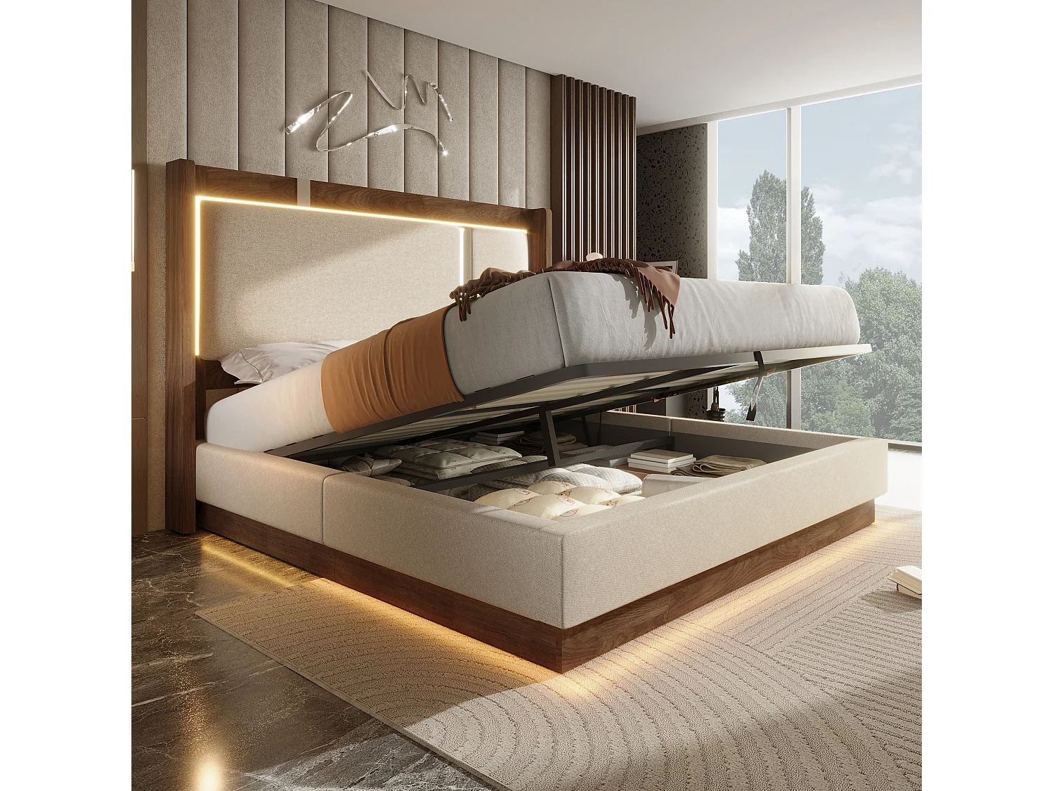 Lit coffre 140 x 200 cm avec LED RGB, rangement hydraulique, tête de lit capitonnée en lin et sommier à lattes - Beige (Sans matelas)