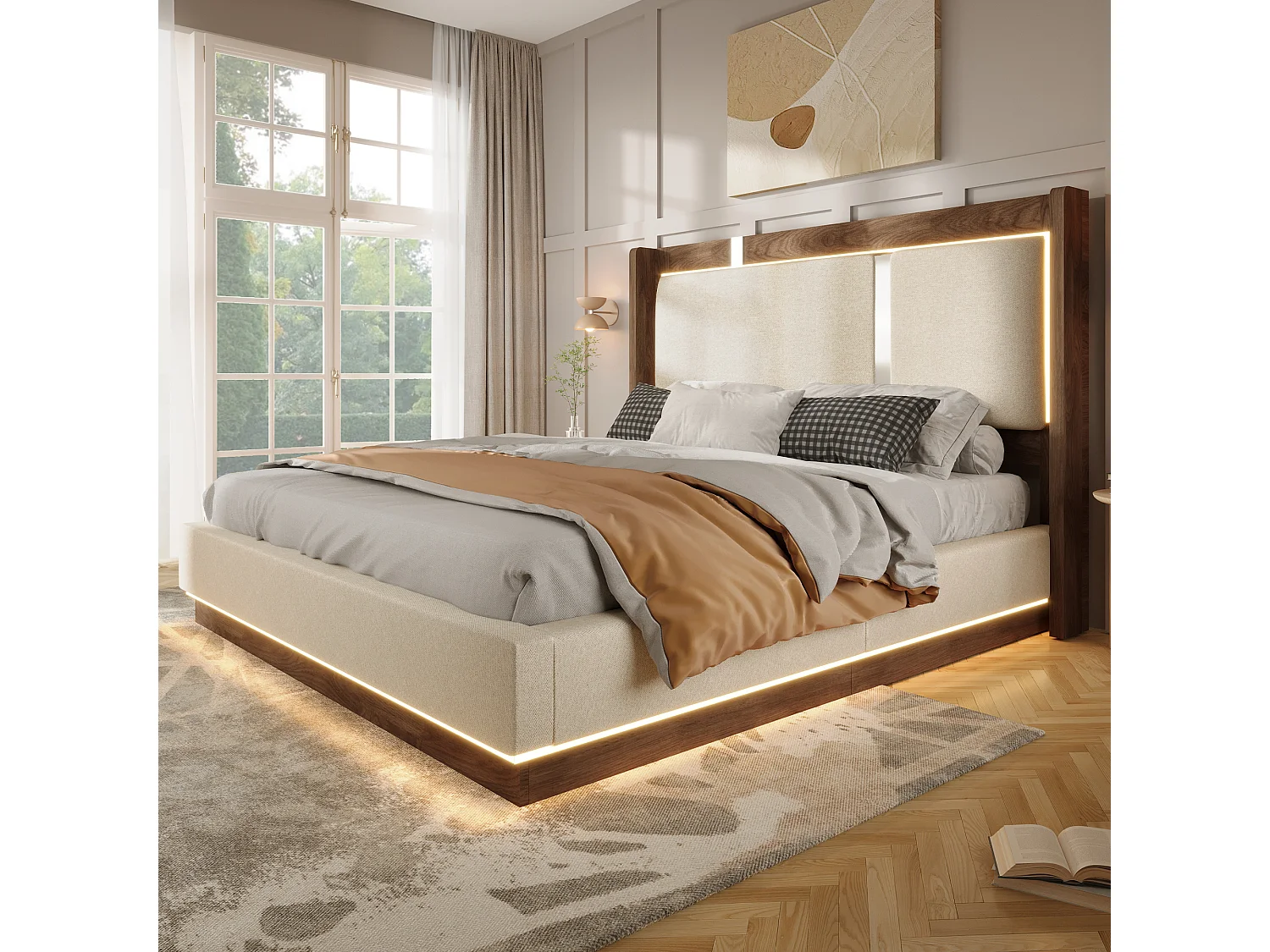 Lit coffre 140 x 200 cm avec LED RGB, rangement hydraulique, tête de lit capitonnée en lin et sommier à lattes - Beige (Sans matelas)