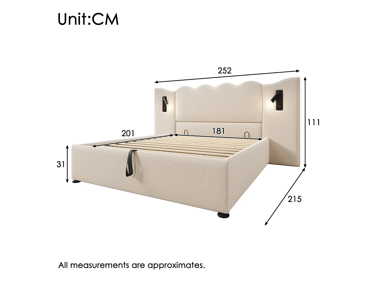 Lit coffre 180 x 200 cm avec rangement hydraulique, lampe de lecture LED, ports USB et USB-C - Lin - Beige (Sans matelas)