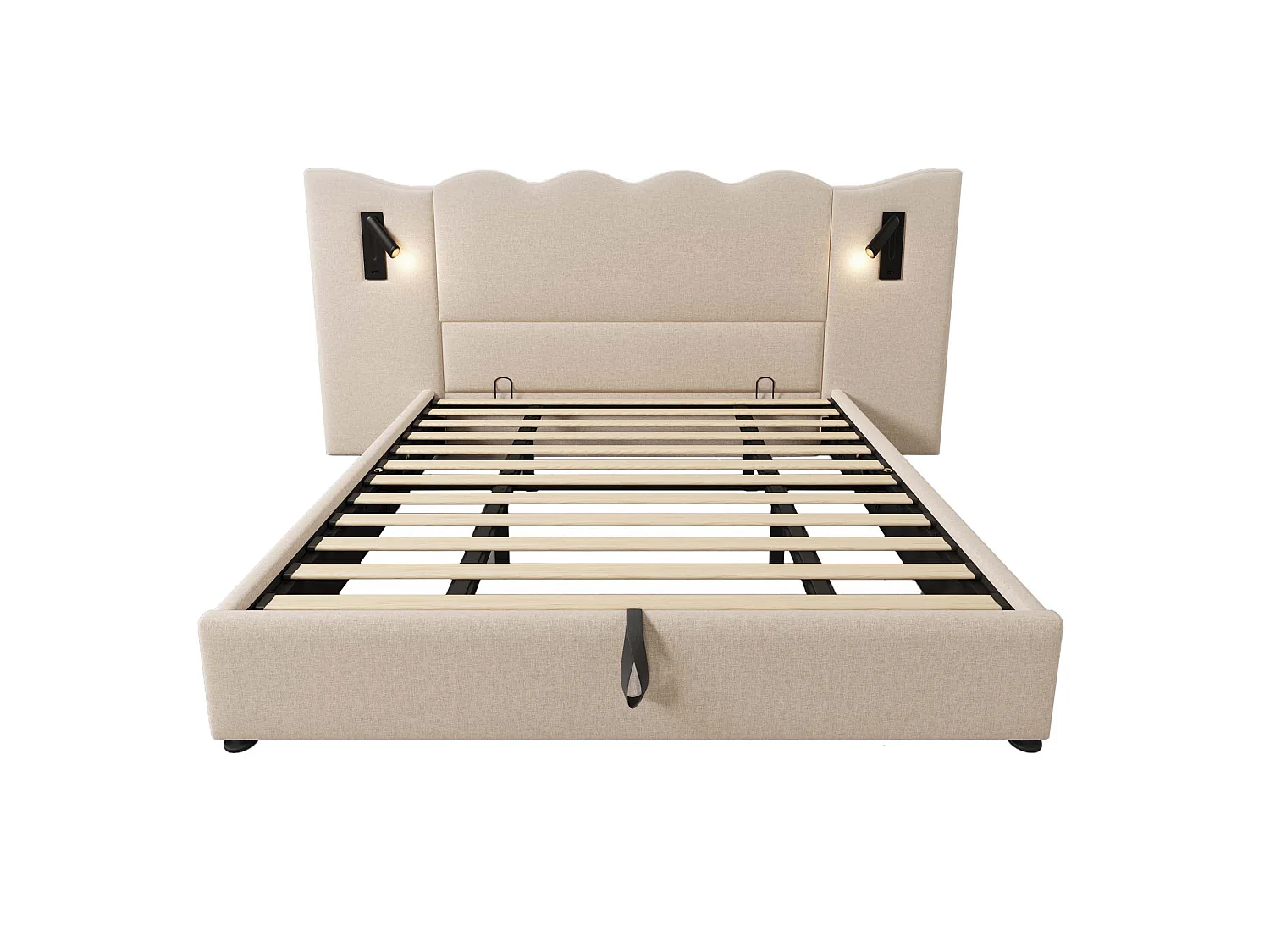 Lit coffre 180 x 200 cm avec rangement hydraulique, lampe de lecture LED, ports USB et USB-C - Lin - Beige (Sans matelas)