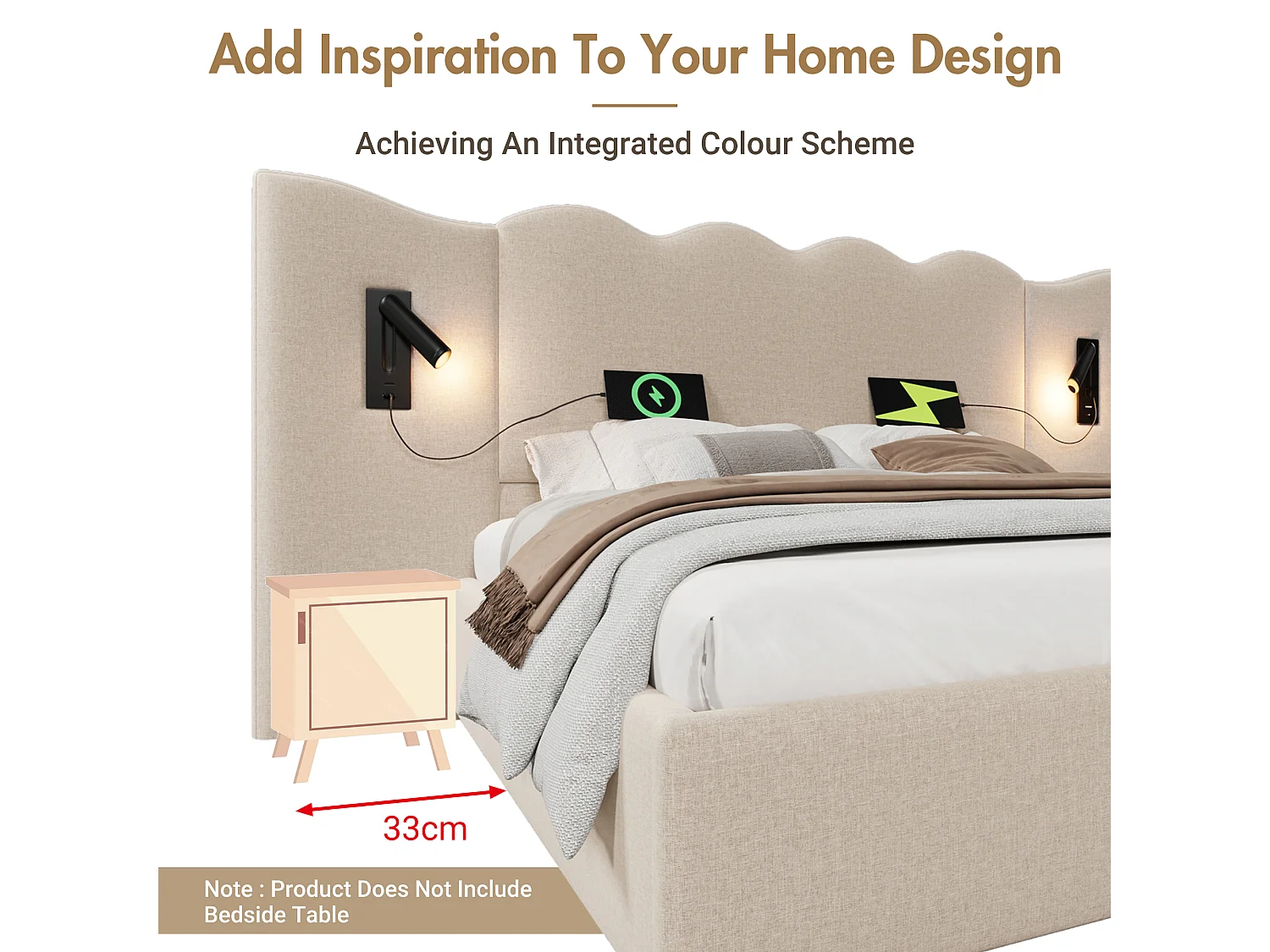 Lit coffre 180 x 200 cm avec rangement hydraulique, lampe de lecture LED, ports USB et USB-C - Lin - Beige (Sans matelas)