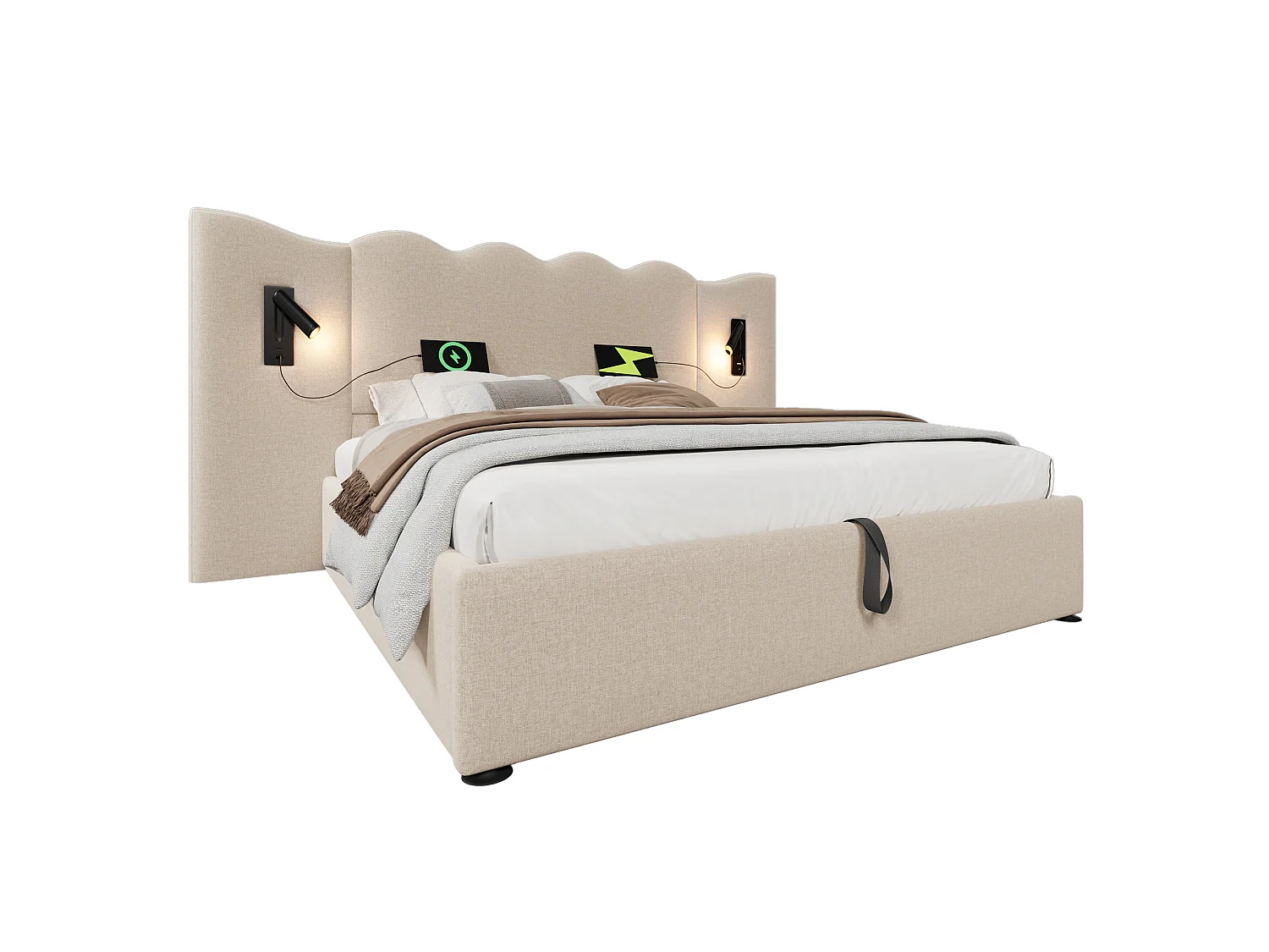 Lit coffre 180 x 200 cm avec rangement hydraulique, lampe de lecture LED, ports USB et USB-C - Lin - Beige (Sans matelas)