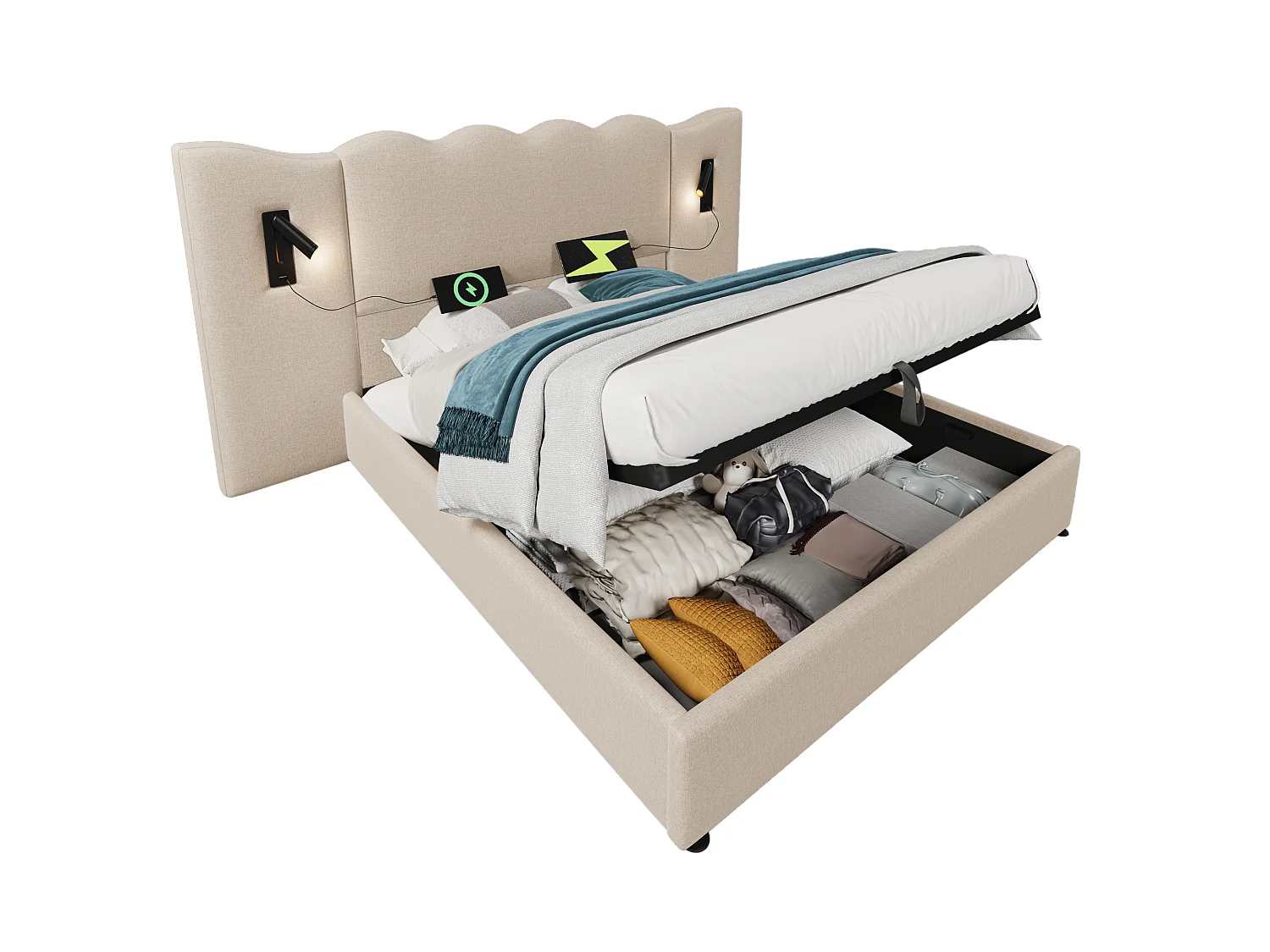 Lit coffre 180 x 200 cm avec rangement hydraulique, lampe de lecture LED, ports USB et USB-C - Lin - Beige (Sans matelas)