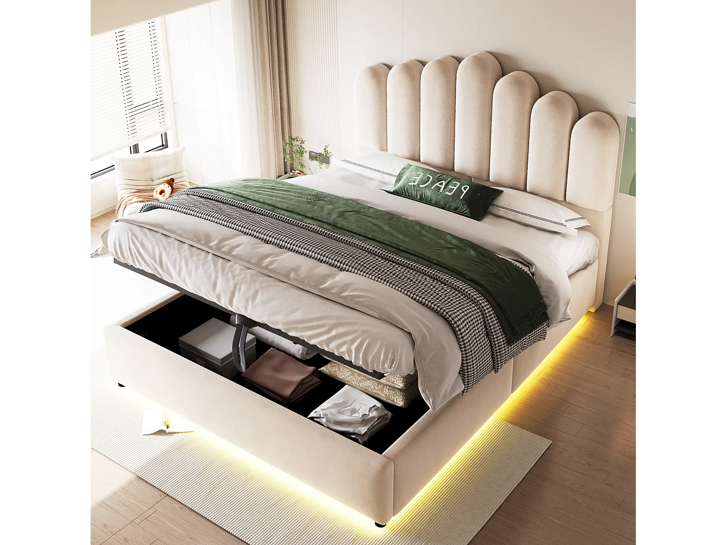 Lit coffre 140 x 200 cm avec coffre de rangement hydraulique et LED - Velours + MDF - Beige (Sans matelas)