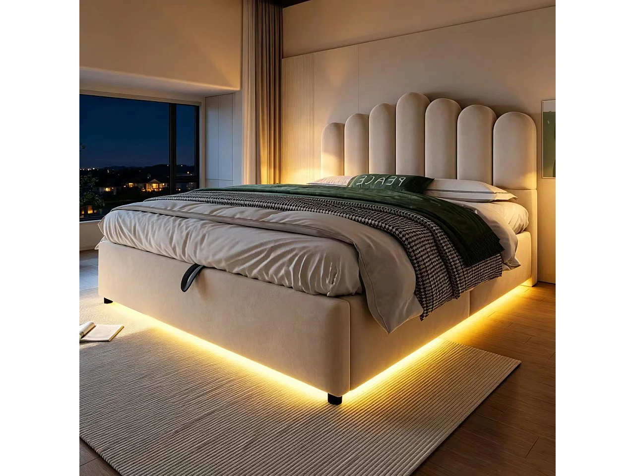 Lit coffre 140 x 200 cm avec coffre de rangement hydraulique et LED - Velours + MDF - Beige (Sans matelas)