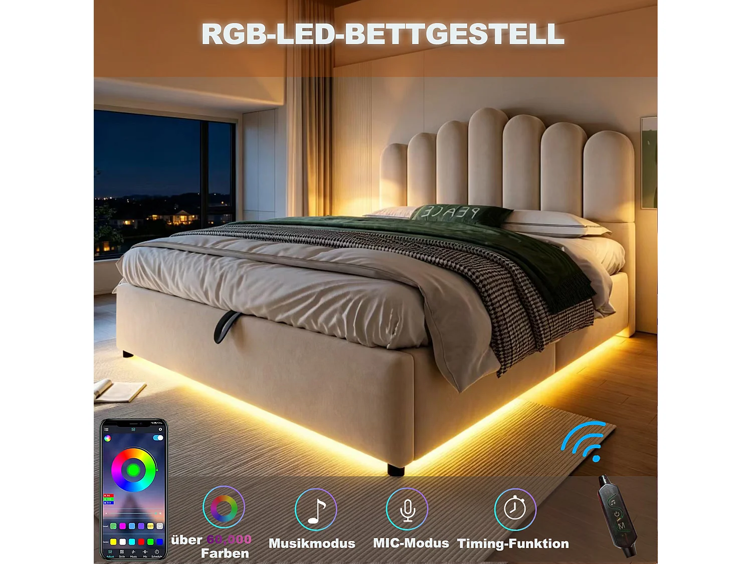Lit coffre 140 x 200 cm avec coffre de rangement hydraulique et LED - Velours + MDF - Beige (Sans matelas)