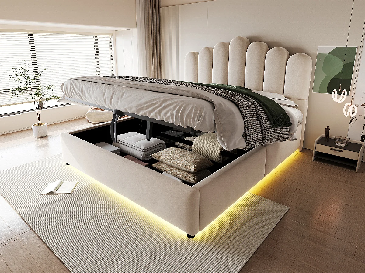 Lit coffre 140 x 200 cm avec coffre de rangement hydraulique et LED - Velours + MDF - Beige (Sans matelas)