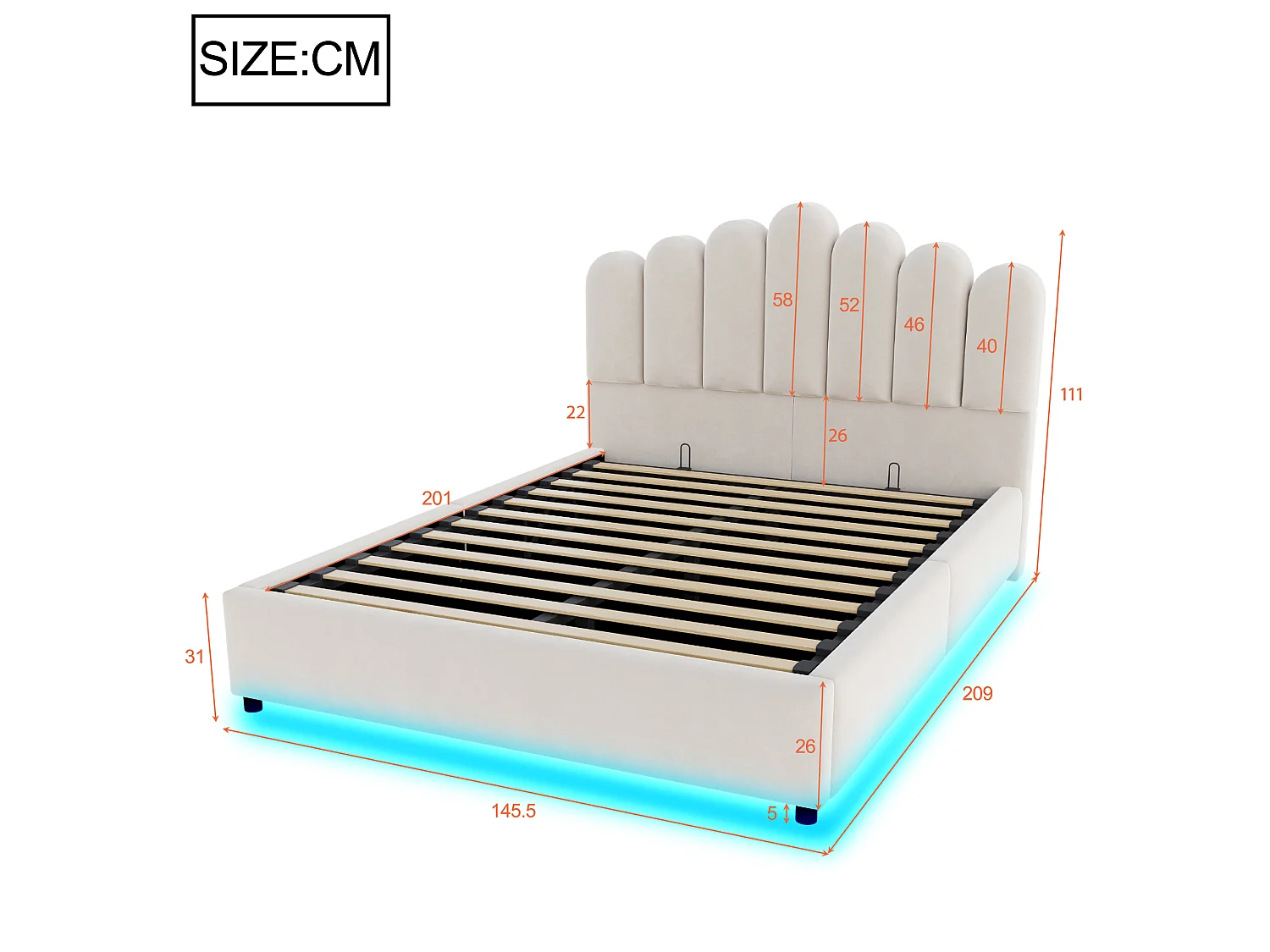 Lit coffre 140 x 200 cm avec coffre de rangement hydraulique et LED - Velours + MDF - Beige (Sans matelas)