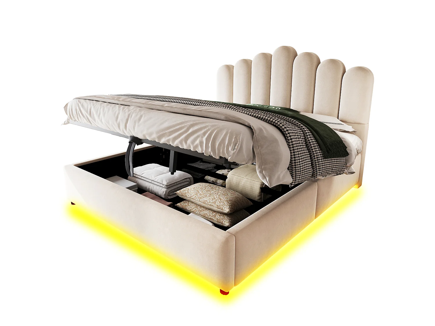 Lit coffre 140 x 200 cm avec coffre de rangement hydraulique et LED - Velours + MDF - Beige (Sans matelas)