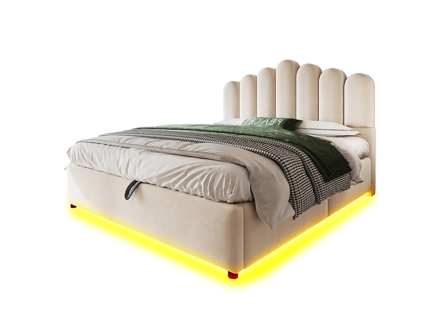 Lit coffre 140 x 200 cm avec coffre de rangement hydraulique et LED - Velours + MDF - Beige (Sans matelas)