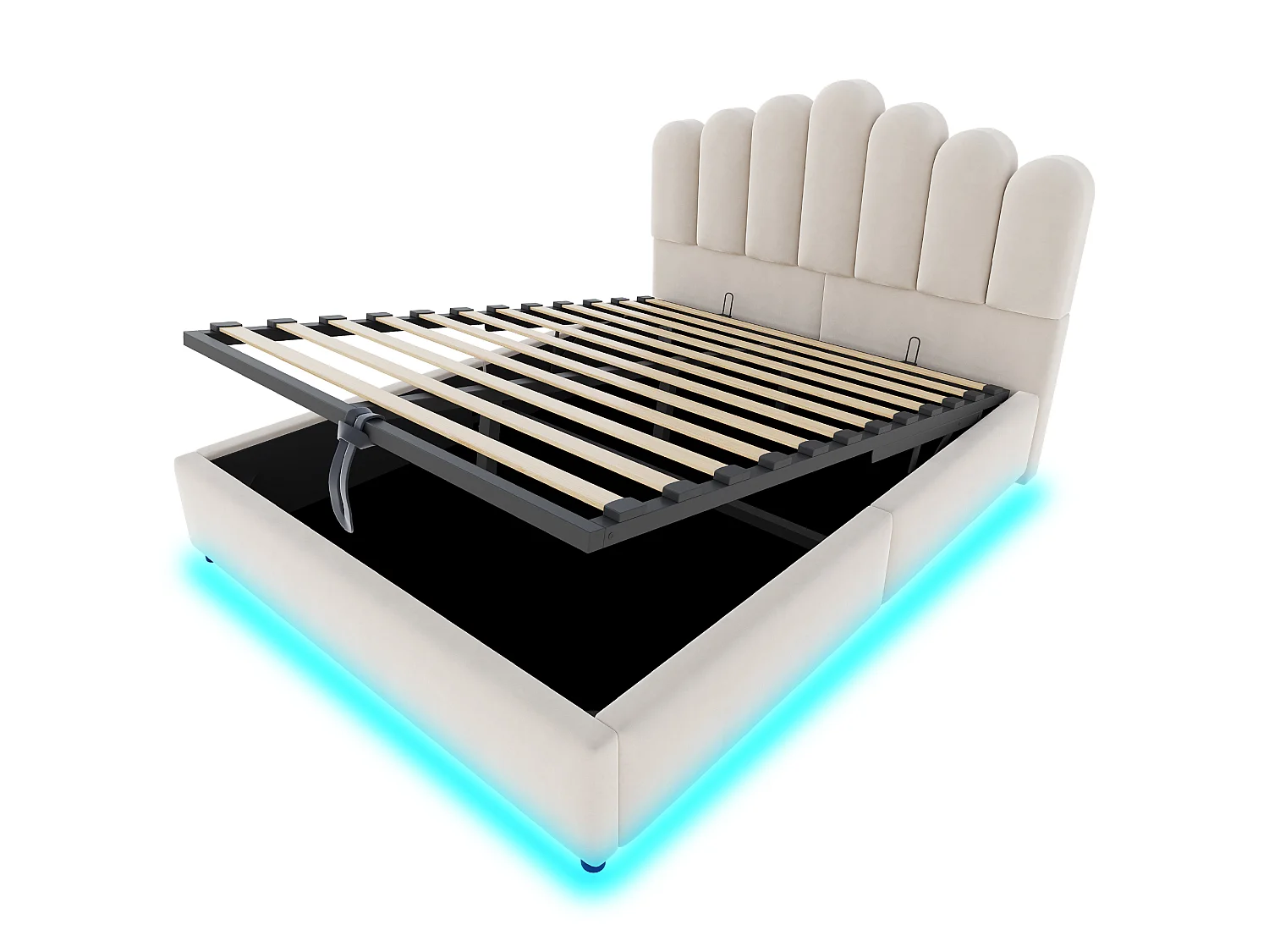 Lit coffre 140 x 200 cm avec coffre de rangement hydraulique et LED - Velours + MDF - Beige (Sans matelas)