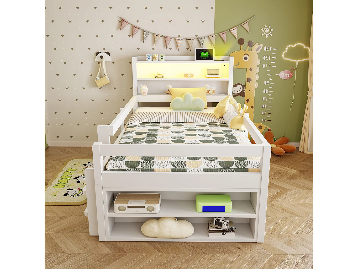 Hochbett für Kinder 90 x 200 cm mit 2 Schiebetüren, Regalen, LED-Beleuchtung und USB-Anschlüssen - Kiefer und MDF - Weiß (Matratze nicht im Lieferumfang enthalten)