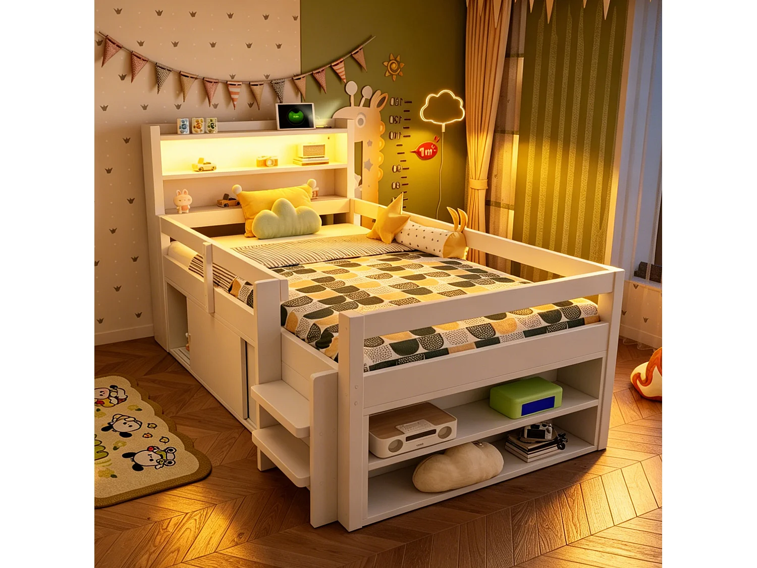 Hochbett für Kinder 90 x 200 cm mit 2 Schiebetüren, Regalen, LED-Beleuchtung und USB-Anschlüssen - Kiefer und MDF - Weiß (Matratze nicht im Lieferumfang enthalten)