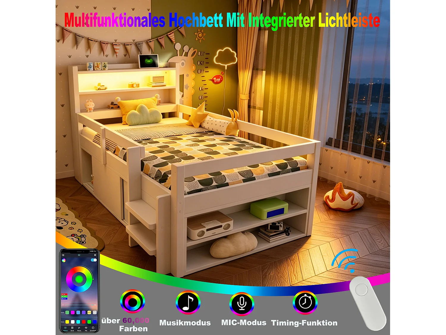 Hochbett für Kinder 90 x 200 cm mit 2 Schiebetüren, Regalen, LED-Beleuchtung und USB-Anschlüssen - Kiefer und MDF - Weiß (Matratze nicht im Lieferumfang enthalten)