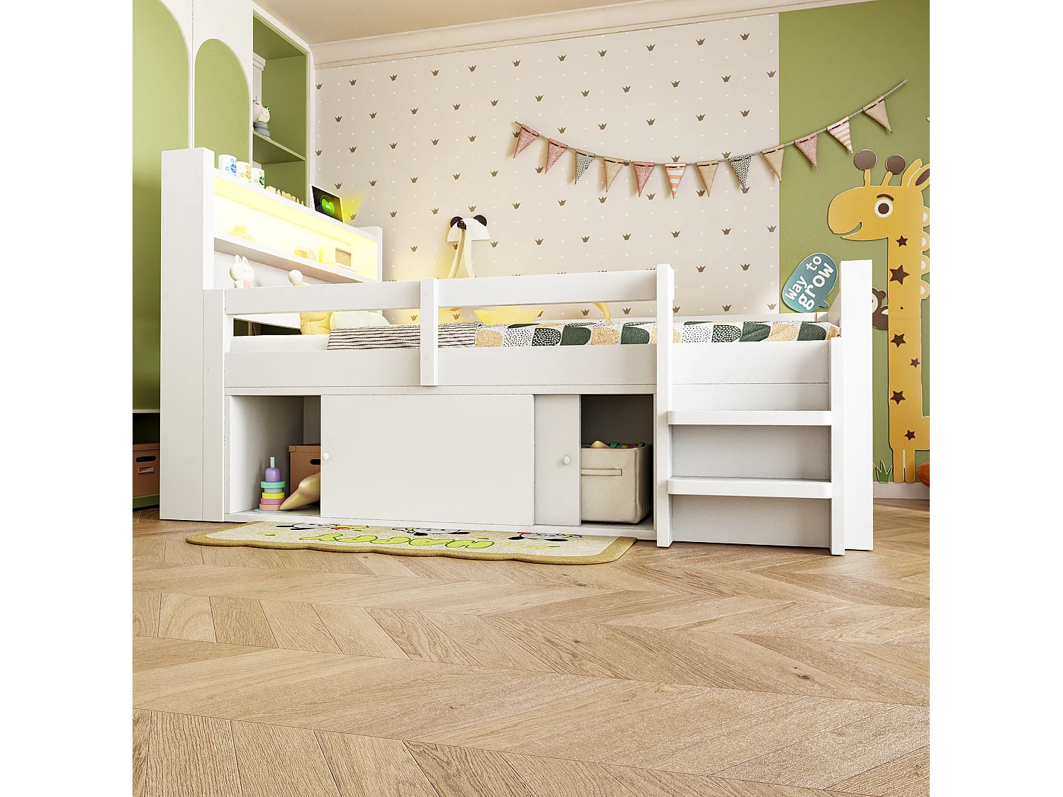 Hochbett für Kinder 90 x 200 cm mit 2 Schiebetüren, Regalen, LED-Beleuchtung und USB-Anschlüssen - Kiefer und MDF - Weiß (Matratze nicht im Lieferumfang enthalten)