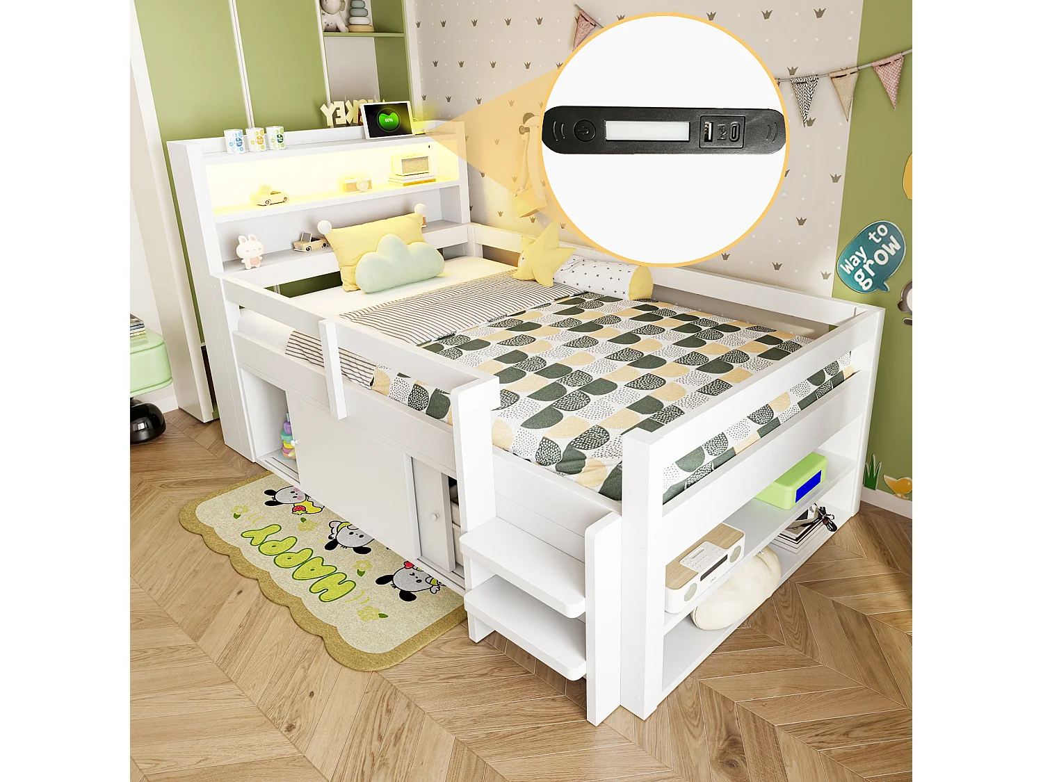 Hochbett für Kinder 90 x 200 cm mit 2 Schiebetüren, Regalen, LED-Beleuchtung und USB-Anschlüssen - Kiefer und MDF - Weiß (Matratze nicht im Lieferumfang enthalten)