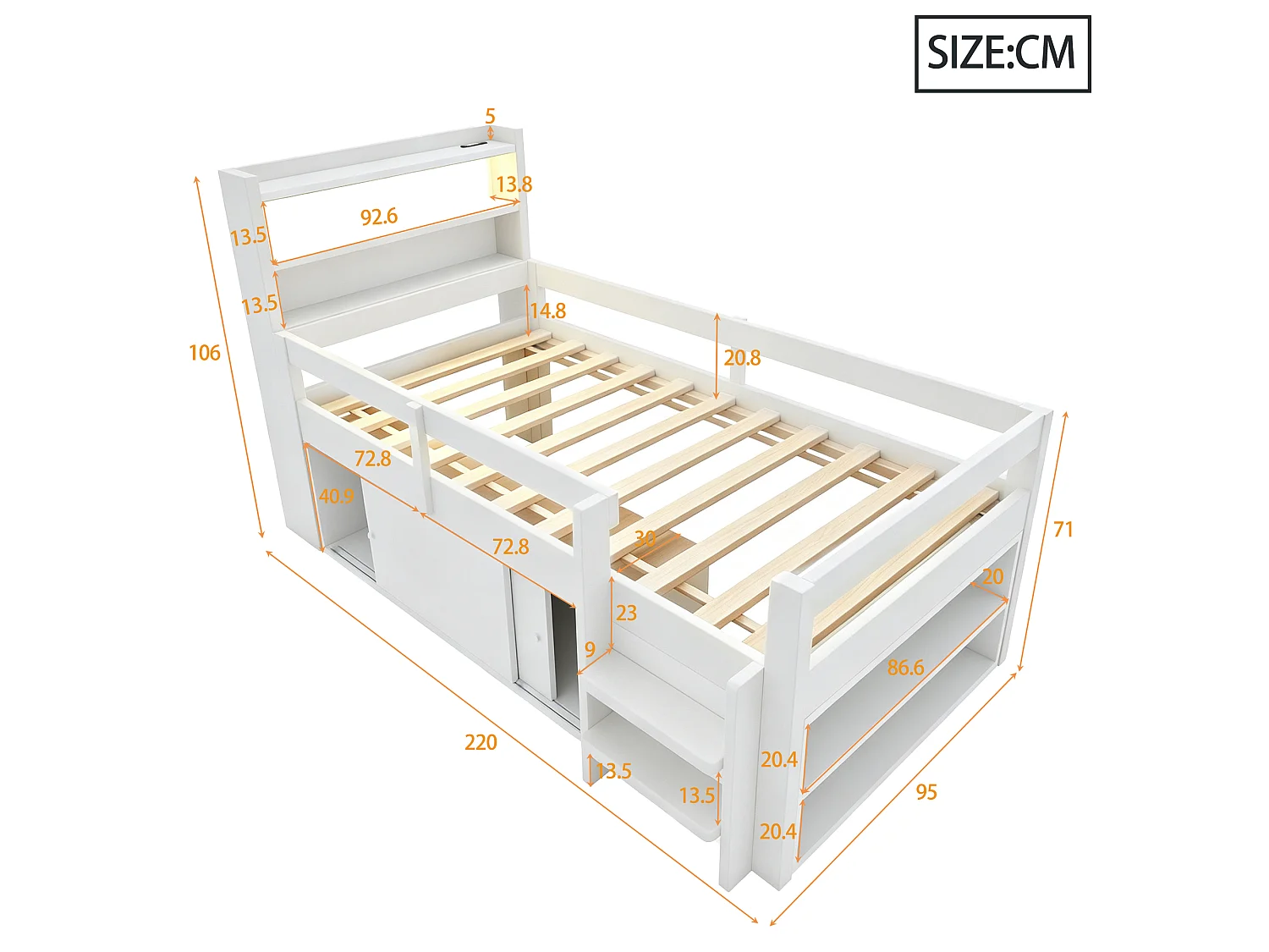 Hochbett für Kinder 90 x 200 cm mit 2 Schiebetüren, Regalen, LED-Beleuchtung und USB-Anschlüssen - Kiefer und MDF - Weiß (Matratze nicht im Lieferumfang enthalten)