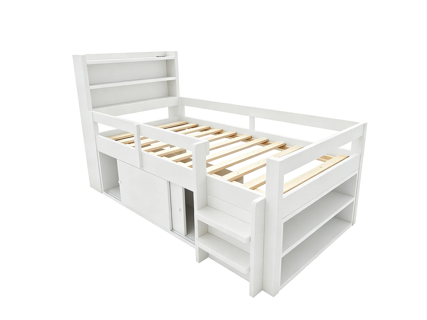 Hochbett für Kinder 90 x 200 cm mit 2 Schiebetüren, Regalen, LED-Beleuchtung und USB-Anschlüssen - Kiefer und MDF - Weiß (Matratze nicht im Lieferumfang enthalten)