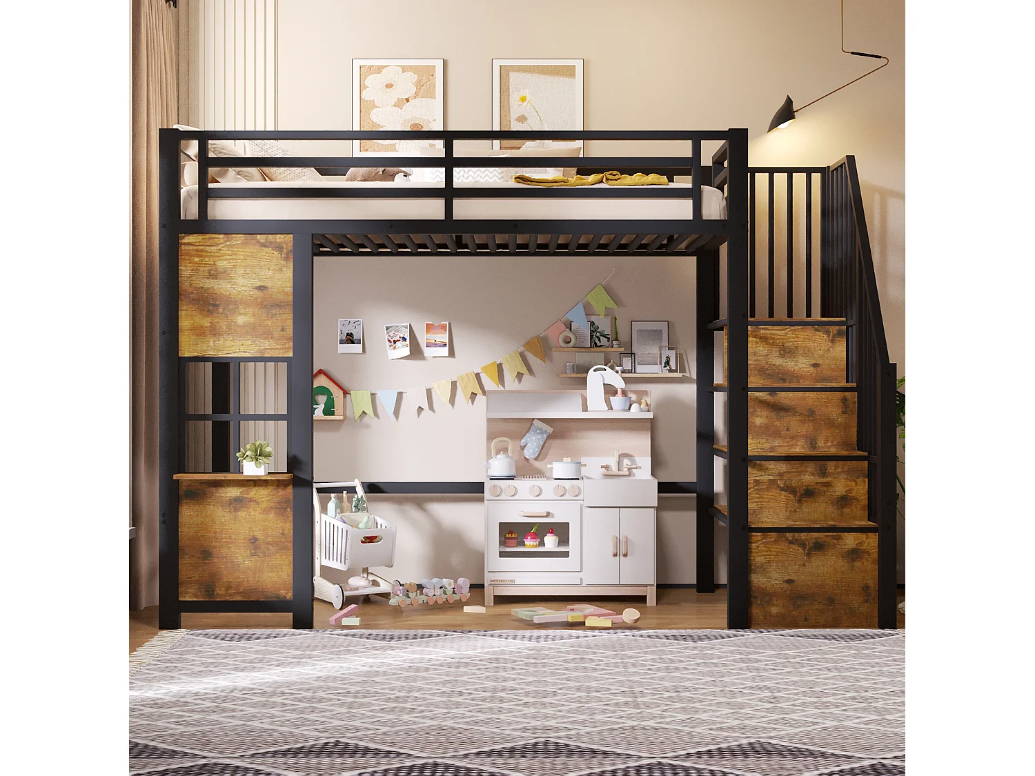 Hochbett 90 x 200 cm mit Stauraumleiter und Fenster – Rahmen aus Metall und MDF – Schwarz (Matratze nicht im Lieferumfang enthalten)