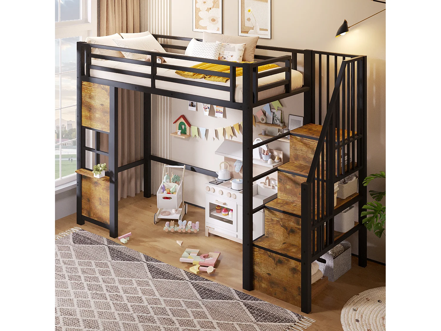 Hochbett 90 x 200 cm mit Stauraumleiter und Fenster – Rahmen aus Metall und MDF – Schwarz (Matratze nicht im Lieferumfang enthalten)