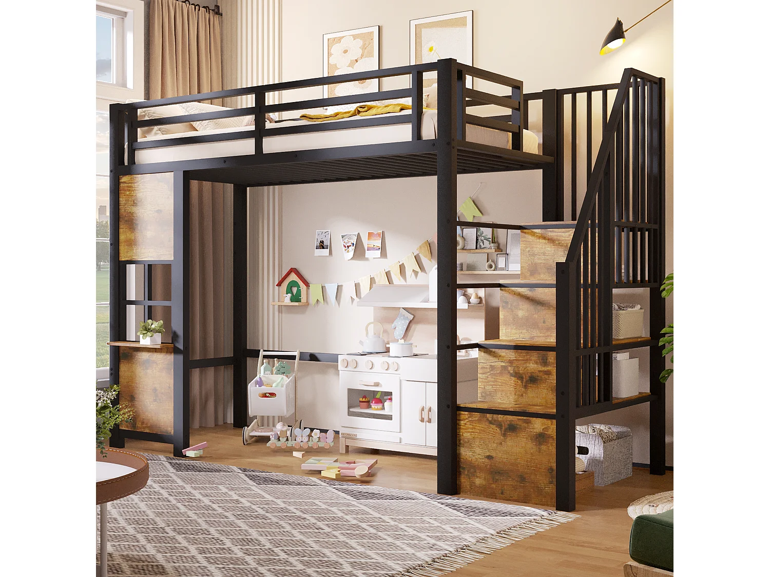 Hochbett 90 x 200 cm mit Stauraumleiter und Fenster – Rahmen aus Metall und MDF – Schwarz (Matratze nicht im Lieferumfang enthalten)