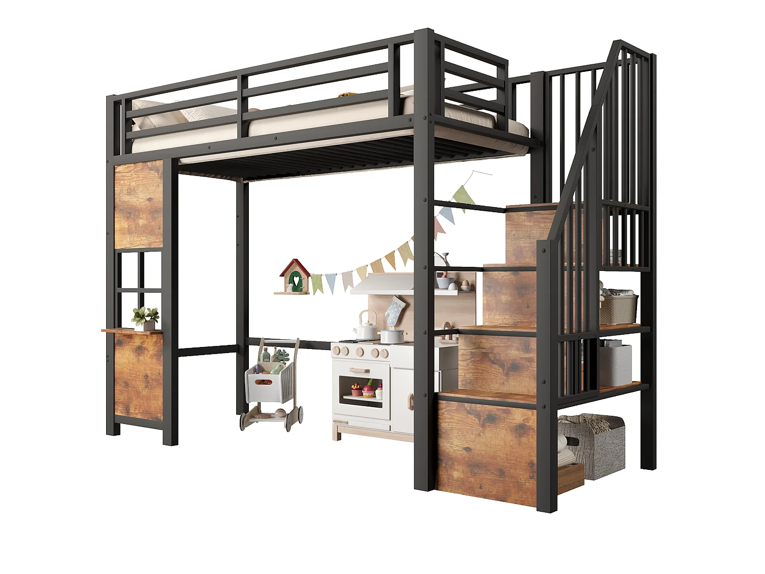 Hochbett 90 x 200 cm mit Stauraumleiter und Fenster – Rahmen aus Metall und MDF – Schwarz (Matratze nicht im Lieferumfang enthalten)