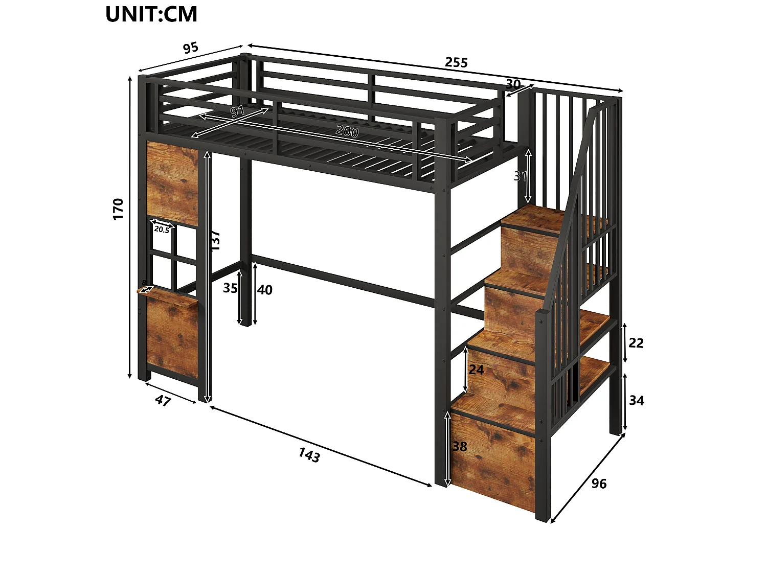 Hochbett 90 x 200 cm mit Stauraumleiter und Fenster – Rahmen aus Metall und MDF – Schwarz (Matratze nicht im Lieferumfang enthalten)