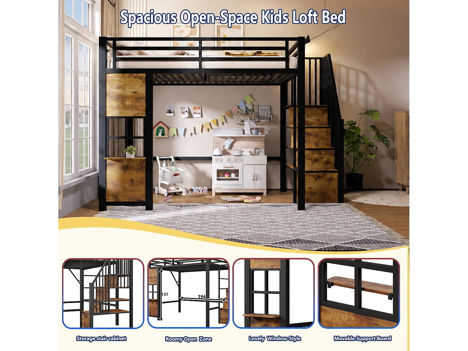 Hochbett 90 x 200 cm mit Stauraumleiter und Fenster – Rahmen aus Metall und MDF – Schwarz (Matratze nicht im Lieferumfang enthalten)