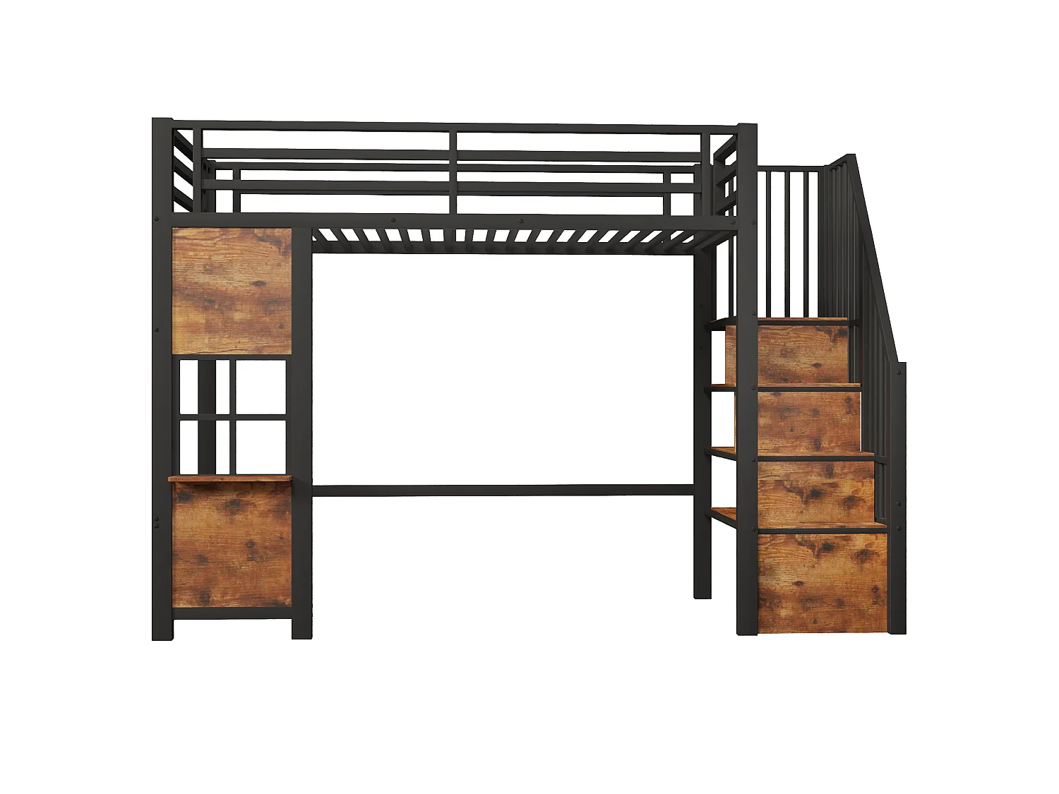 Hochbett 90 x 200 cm mit Stauraumleiter und Fenster – Rahmen aus Metall und MDF – Schwarz (Matratze nicht im Lieferumfang enthalten)
