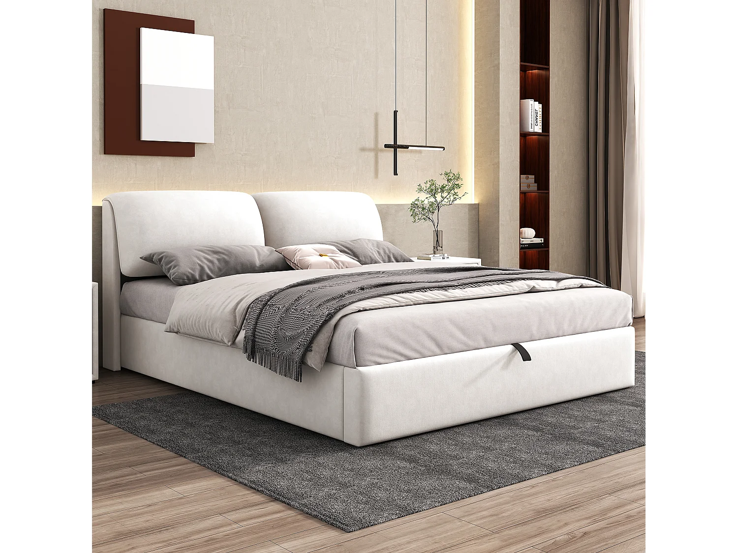 160 x 200 cm velvet storage bed with hydraulic storage, 3 drawers and adjustable headboard - Beige (Mattress not included)