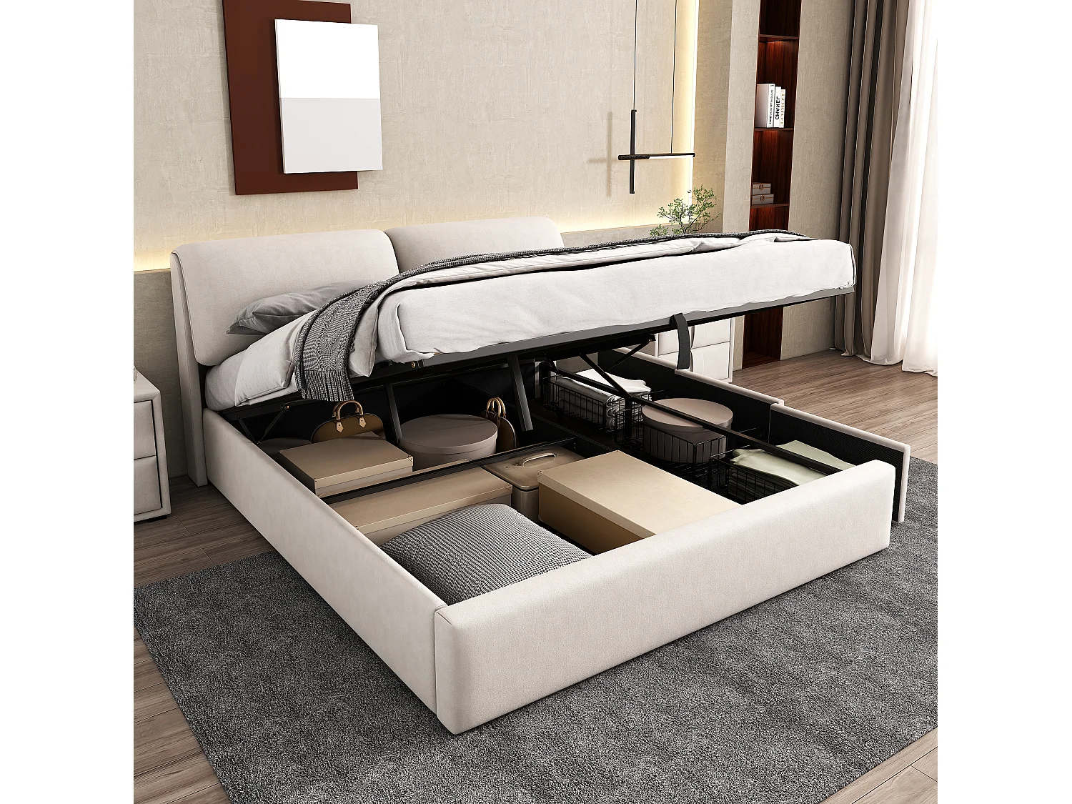 160 x 200 cm velvet storage bed with hydraulic storage, 3 drawers and adjustable headboard - Beige (Mattress not included)