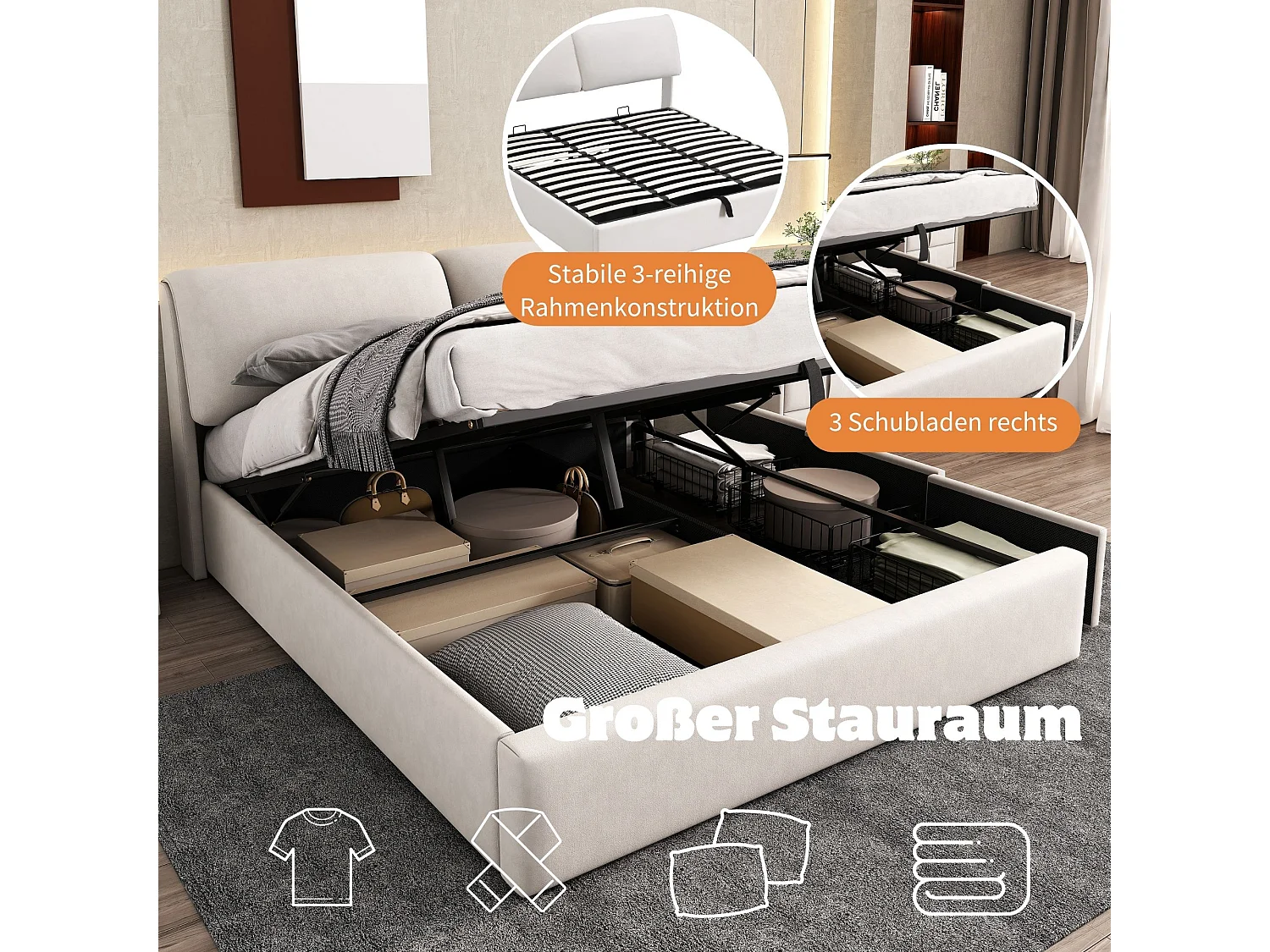 160 x 200 cm velvet storage bed with hydraulic storage, 3 drawers and adjustable headboard - Beige (Mattress not included)