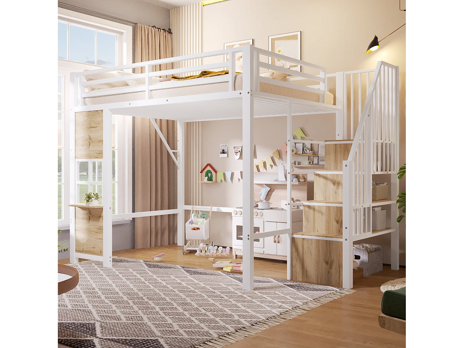 Hochbett 140 x 200 cm mit Stauraumleiter und Fenster – Rahmen aus Metall und MDF – Weiß (Matratze nicht im Lieferumfang enthalten)