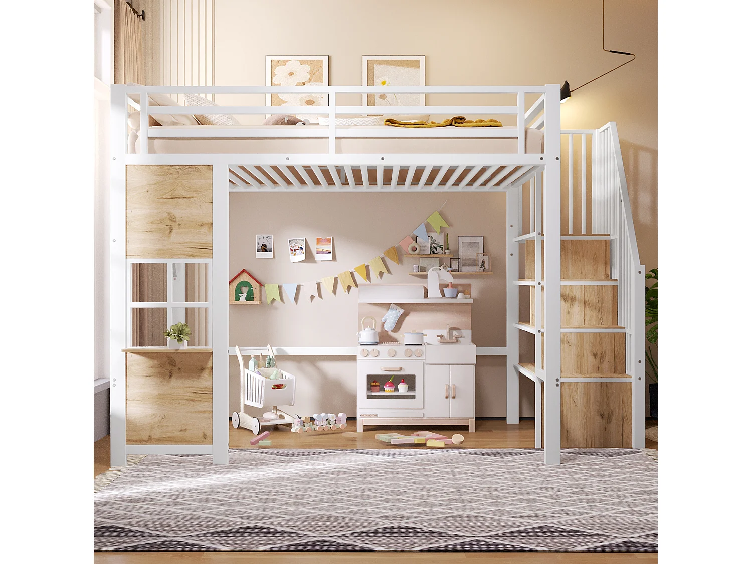 Hochbett 140 x 200 cm mit Stauraumleiter und Fenster – Rahmen aus Metall und MDF – Weiß (Matratze nicht im Lieferumfang enthalten)
