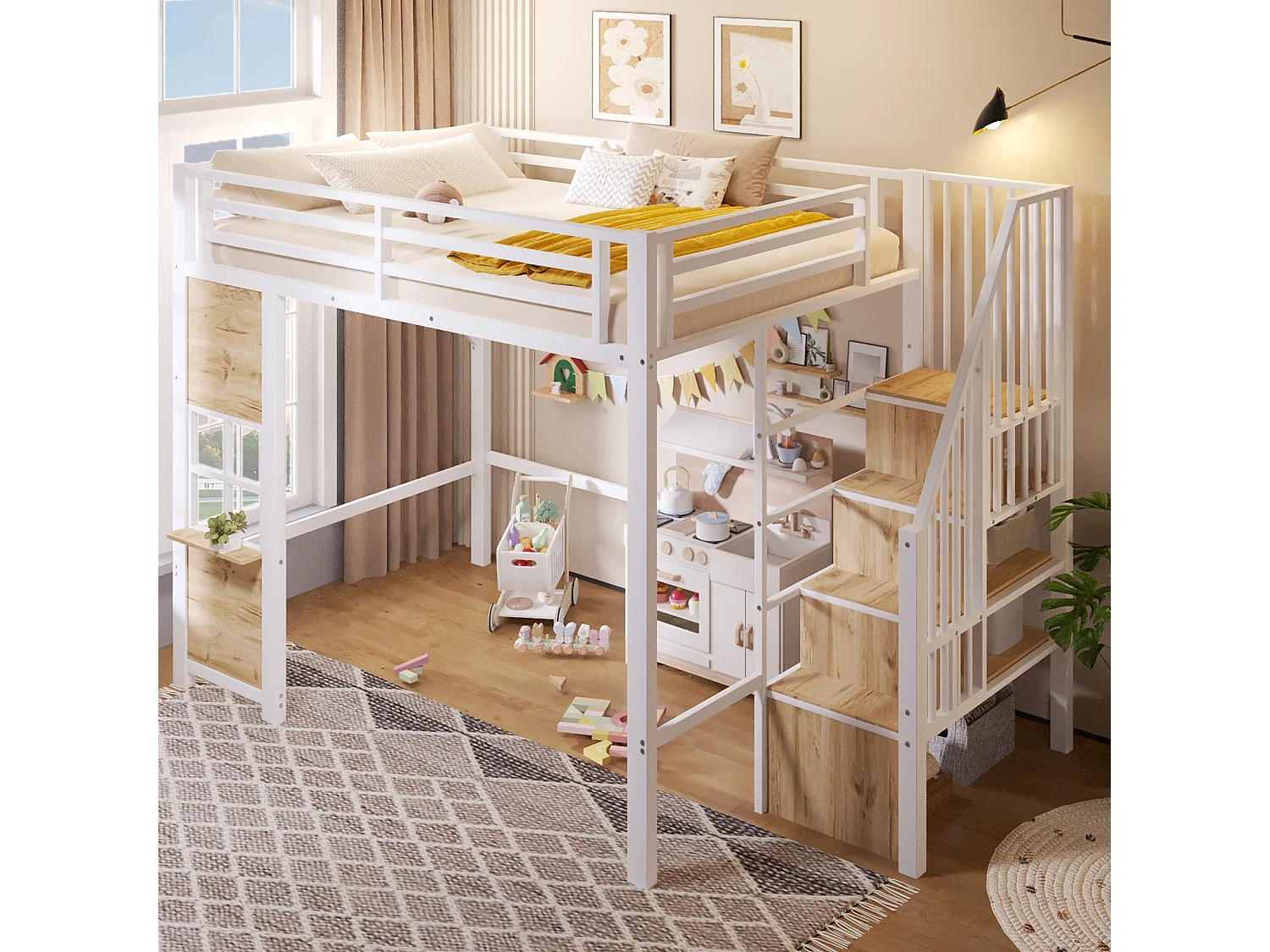 Hochbett 140 x 200 cm mit Stauraumleiter und Fenster – Rahmen aus Metall und MDF – Weiß (Matratze nicht im Lieferumfang enthalten)