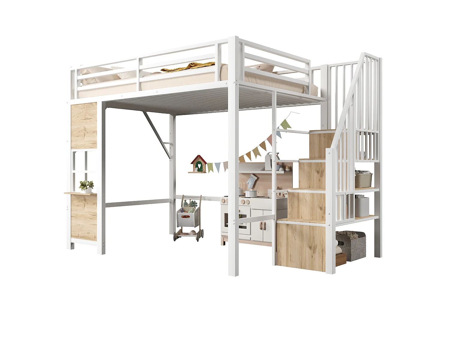 Hochbett 140 x 200 cm mit Stauraumleiter und Fenster – Rahmen aus Metall und MDF – Weiß (Matratze nicht im Lieferumfang enthalten)