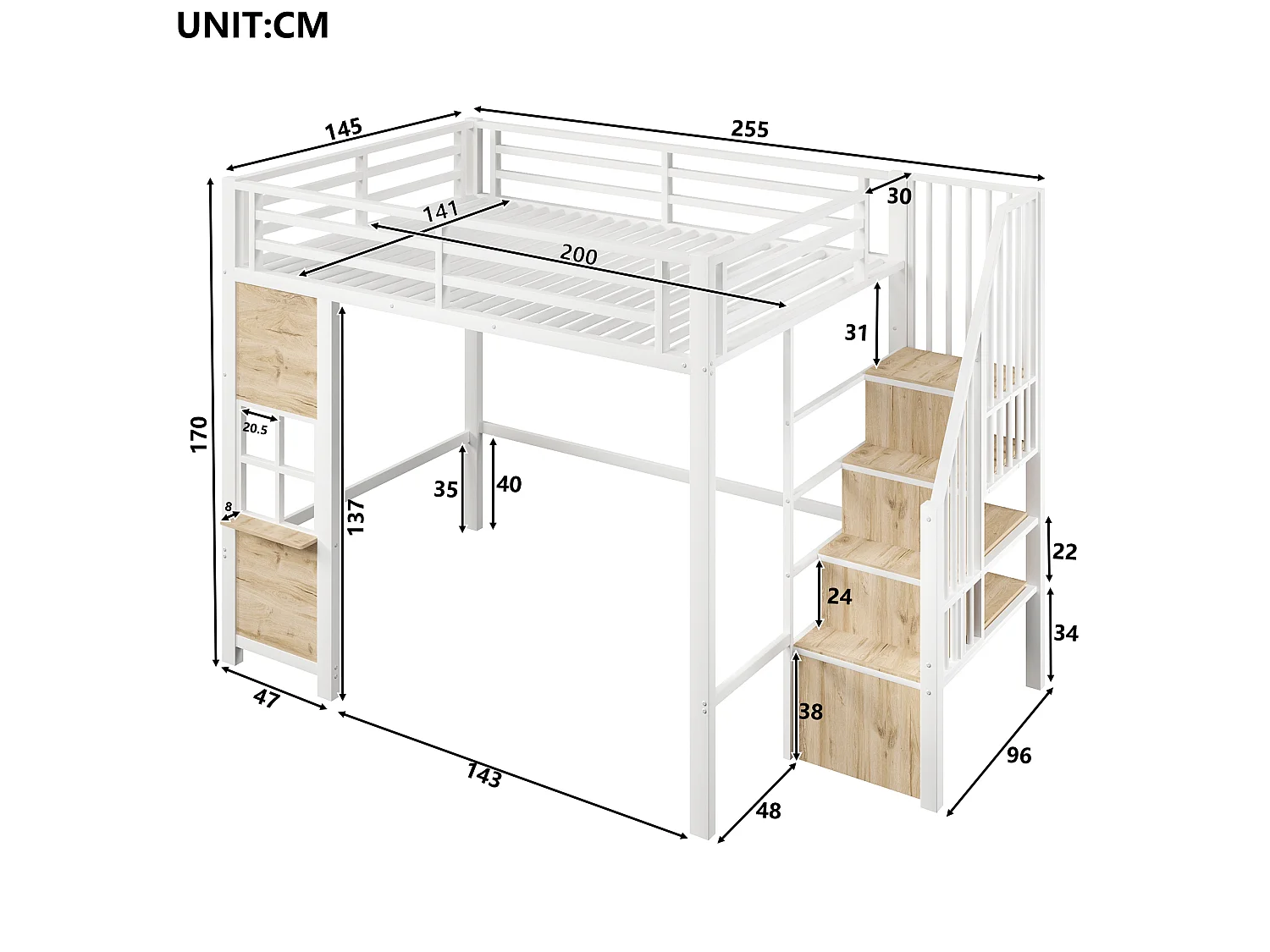 Hochbett 140 x 200 cm mit Stauraumleiter und Fenster – Rahmen aus Metall und MDF – Weiß (Matratze nicht im Lieferumfang enthalten)