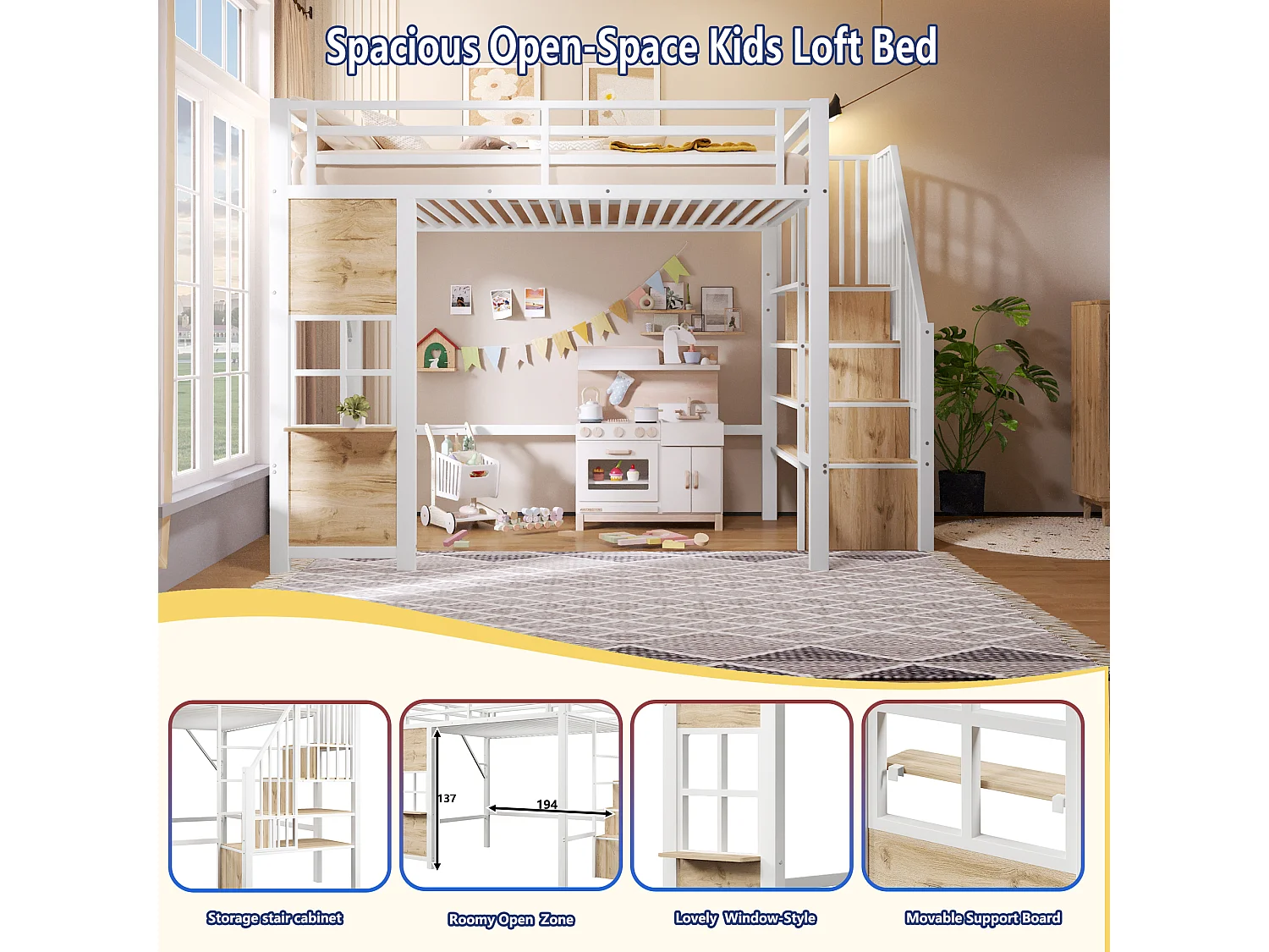 Hochbett 140 x 200 cm mit Stauraumleiter und Fenster – Rahmen aus Metall und MDF – Weiß (Matratze nicht im Lieferumfang enthalten)