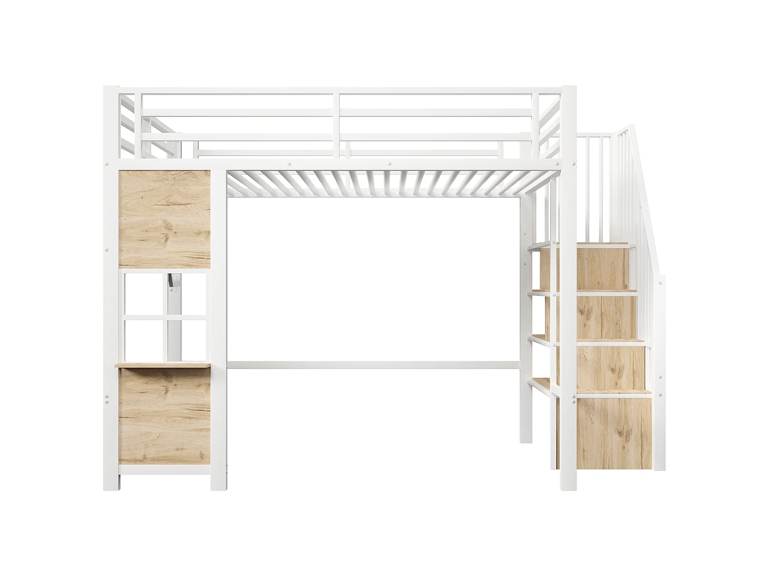 Hochbett 140 x 200 cm mit Stauraumleiter und Fenster – Rahmen aus Metall und MDF – Weiß (Matratze nicht im Lieferumfang enthalten)